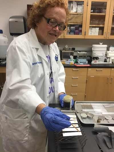 Barb Kanegsberg in Prof. Darren William’s lab at SHSU.