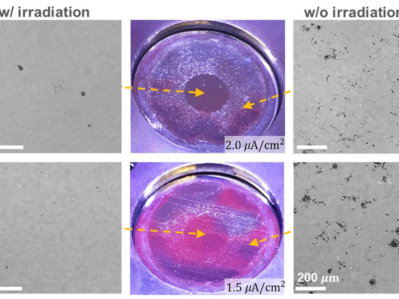 These optical and scanning electron microscope images show irradiated and unirradiated zones of a nickel-chromium alloy.