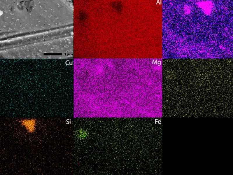 SEM images at 30,000× and EDS mapping images of the surface 