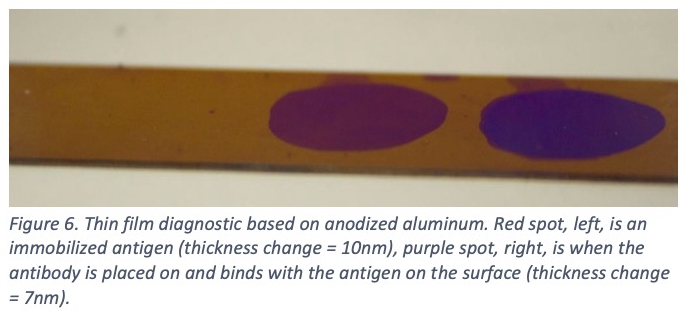  Figure 6. Thin film diagnostic based on anodized aluminum. Red spot, left, is an immobilized antigen (thickness change = 10nm), purple spot, right, is when the antibody is placed on and binds with the antigen on the surface (thickness change = 7nm).