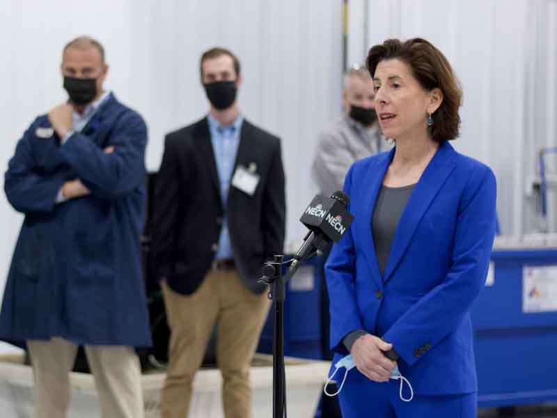 Secretary Raimondo is interviewed by local media at Aerodynamics.