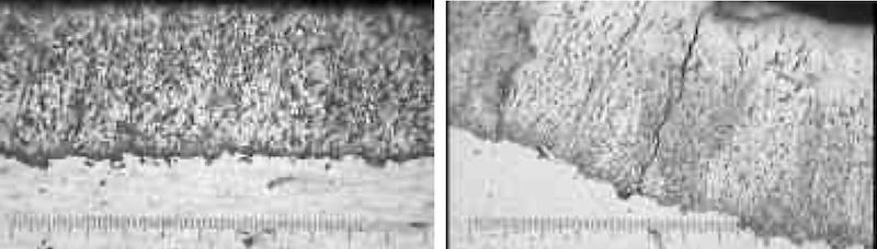 At left, cross section and crack pattern of a thin-dense hard chromium deposit (photomicrograph at 400x). At right, cross section of undesirable macro crack in hard chromium deposit (photomicrograph at 400x).