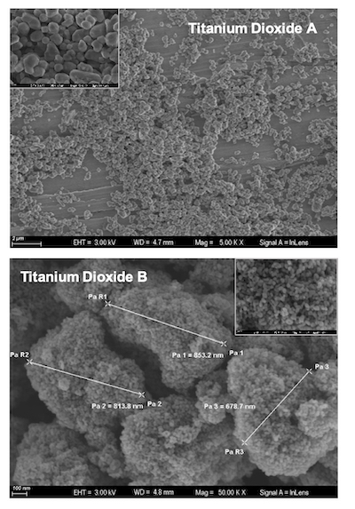 Figure 3. SEM images of Titanium Dioxide A (x 5K) and Titanium Dioxide B (x 50K)