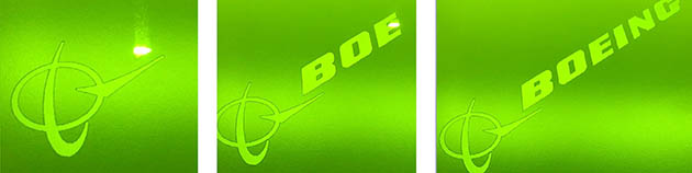 PRECISION DEPAINTING: Illustrating precision accuracy, (from left) laser ablation removes paint in the shape of the Boeing logo. Boeing image
