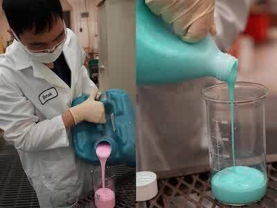 Boeing engineers worked with paint technicians and suppliers to reformulate a paint stripper to effectively prevent corrosion pitting on fuselage skins. The new formula is dyed a distinct color, shown at right, to help crews quickly identify it and avoid mixing with other products. (Maddie Chesbro-Crisalli photo © Boeing)