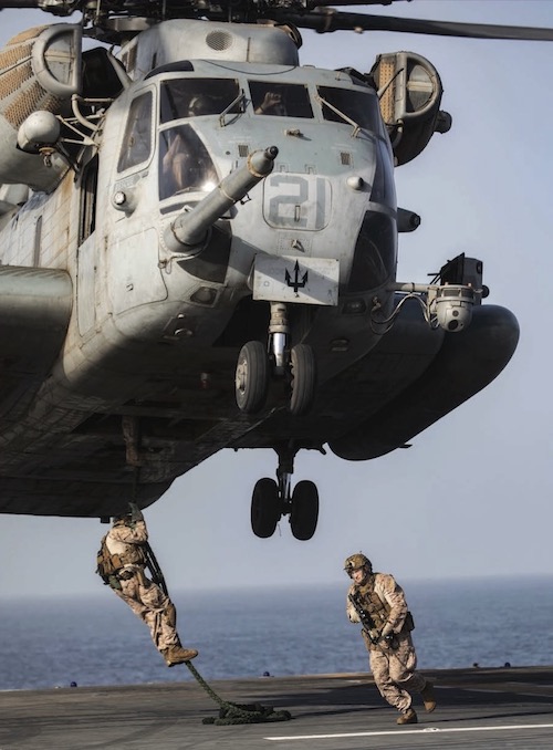 The original TCP formulation was spray applied to an H-53 Super Stallion helicopter’s outer aluminum surfaces prior to the application of primer and topcoat paint. (Photo Credit: Mass Communication Specialist 1st Class Zachary Anderson)