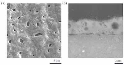 Figure 3: Surface (a) and cross-section (b) images of Guardian PEO coatings on AZ80 Mg alloys showing reduced porosity and no observable micro-cracking.