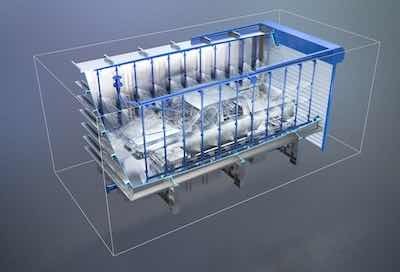 In the spray chamber, a large number of nozzles clean the bodies inside and outside.