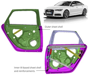 Fig. 1. 3D model of Audi A6 door used by Elsyca CorrosionMaster technology for corrosion risk assessment of a mixed-material vehicle body.
