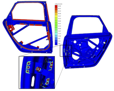 Fig. 2. Identified galvanic corrosion hot spots for Steel-based outer sheet shell and Al-based inner sheet shell and reinforcements.