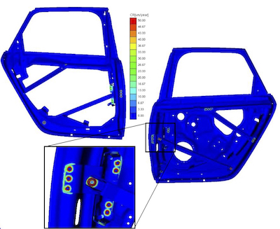 Fig. 3. Identified galvanic corrosion hot spots for Al-based outer sheet shell and Al-based inner sheet shell and reinforcements.