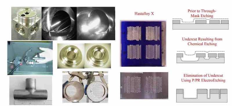 Figure 15 - P/PR electropolishing of stainless steel components; Figure 16 - P/PR through-mask electroetching.