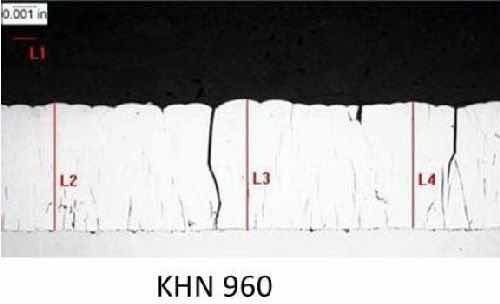 Figure 11 - Cross-section of the trivalent chromium Taber abrasion test sample and microhardness.