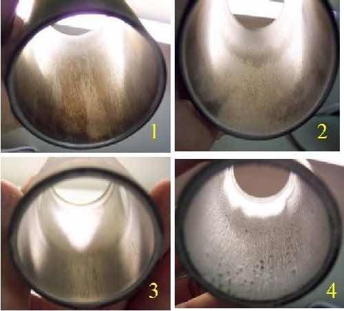 Figure 4 - 11⁄2 in. ID × 4 in. pipes coated with chromium using DC processing to optimize plating current density: (1) 28 A/dm2, (2) 32 A/dm2, (3) 35 A/dm2, (4) 40 A/dm2. Photographs 2 and 3 closely match the coating quality marked in Fig. 3.