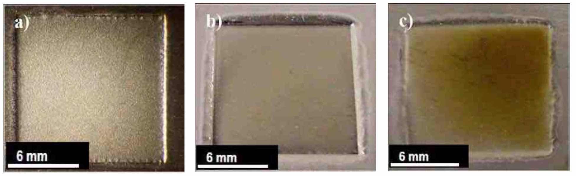 Figure 12âNb coupons after electropolishing in a H2SO4 electrolyte at room temperature (~20Â°C) at varying Vf: (a) Run #5 (PRC2); (b) Run #6 (PRC5) and (c) Run #7 (PRC6).