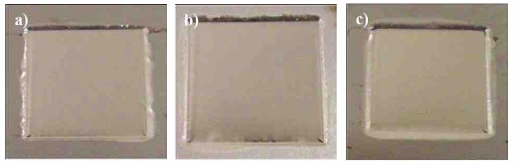 Figure 18âPhotographs of Nb coupons after electropolishing in H2SO4electrolytes at room temperature (~20Â°C), using waveform PRC5, an anode-to-cathode distance of 10 mm and varying the electrolyte velocity: (a) 6.6 cm/sec, (b) 19.9 cm/sec and (c) 33.1 cm/sec.