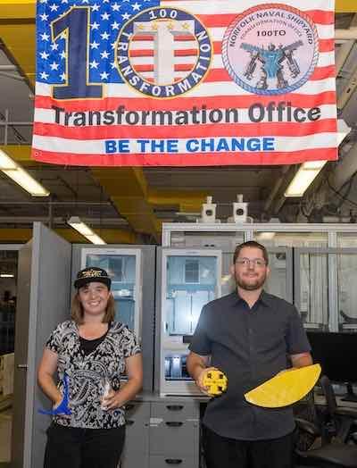 Code 100TO.32 Mechanical Engineer Dixie Cox and Electroplating Shop (Shop 36) Work Leader Jeff Brittingham share the various tools being worked as part of the ongoing partnership in developing new tools and processes for electroplating capabilities for the shipyard and Navy.