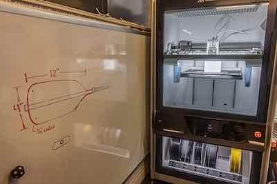 From design to print, the Innovation Lab creates a paddle prototype for Shop 36 that will be used to stir electroplating chemicals.