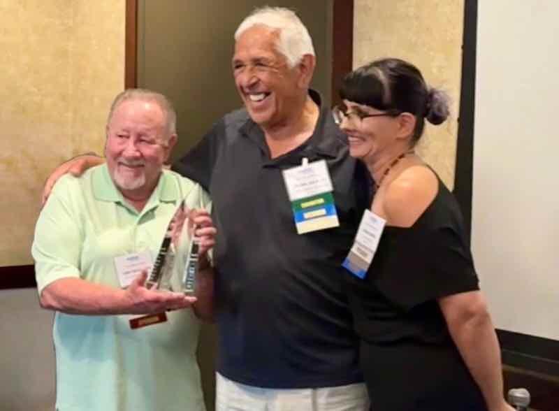 MFANC Lifetime Achievement Award to Frank Aguilar. From left to right: Terry McGuinness, VP MFANC/All Clean; Frank Aguilar, CHEMEON; and MFANC President Bobbi Burns, Global Plating.
