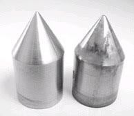Fig. 3 - Test cone on left shows a bright finish with improved resistance of free-machining stainless steel when passivated using the A-A-A method. Result of conventional passivation is visible on the right. Both samples were exposed to salt spray.