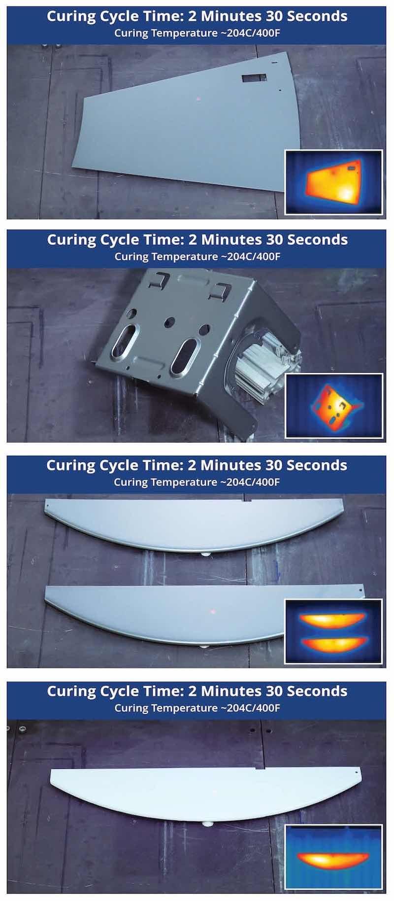 Various parts and cure time using lasers.