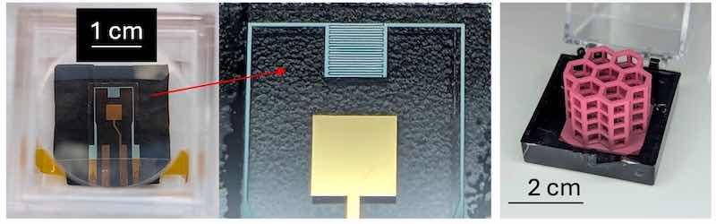 At left, gold on glass interdigitated electrode â we sprayed the blue material with no mask whatsoever â it only goes onto the grounded conductive regions and specifically targets 50 Î¼m features. The larger pad is totally untouched because it was not grounded during spray. At right, complex 3D objects like this metal 3D printed lattice are highly compatible with SLED â we applied the red material using a single sprayer.