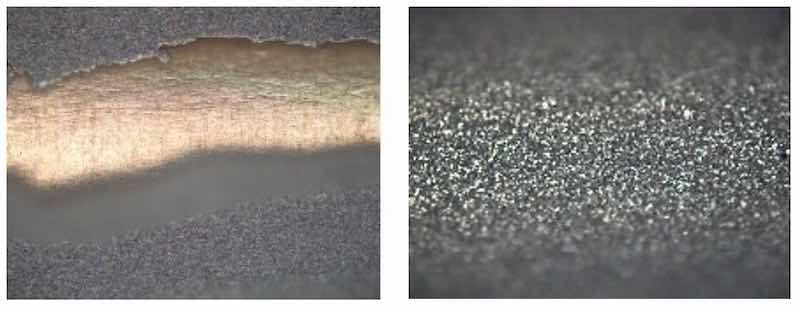Fig. 4. Light micrographs after adhesion test of the test specimens with a a) fine silver layer passivated with ODT and b)  layer sequence with the antimony containing hard silver intermediate layer and silvergraphite as final layer.
