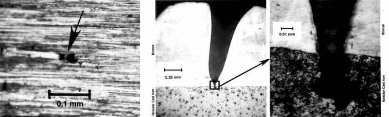  At left, Surface Pit Photomicrograph and at right, Pit Cross-Section Photomicrograph.