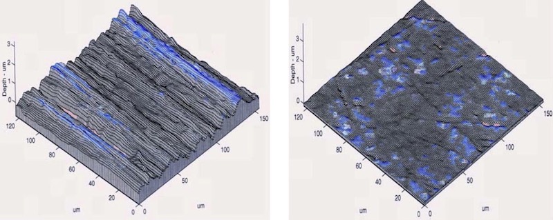 Figure 2 - A magnified view of a ground surface.1-3 Note the unidirectional parallel rows of asperities corresponding to the final direction of the grinding operation; Figure 3 - A magnified view of an isotropically prepared surface.1-3 Note, the parallel rows of asperity peaks as seen in Fig. 2 are non-existent and the final surface is smoother and random with no directional pattern.
