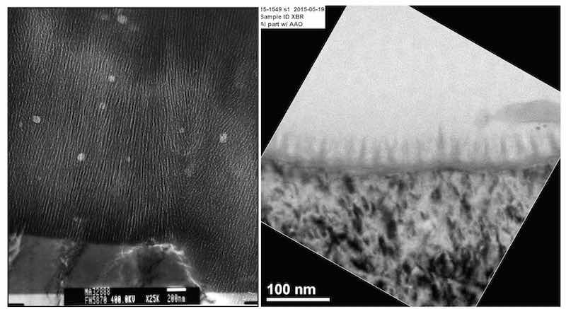 Figure 6: (Left) TEM image of a Type II or âclear coatâ anodic oxide on 6061 T6 aluminum. (Right) TEM image of a âflash anodizedâ 6061 T6 aluminum.