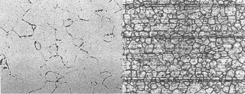 Figure 4: (left) X400, etchant: Tucker’s Reagent. Microstructure of alloy 6061 T6 extruded material exhibiting severe sensitization. (right) X100, as anodized. Anodized surface of sensitized extrusion documented in photo on left.