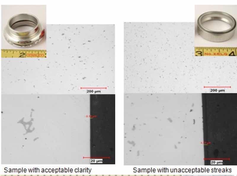 Figure 6: Comparative metallography (unetched) shows a marked difference in the size and population of intermetallic particles.