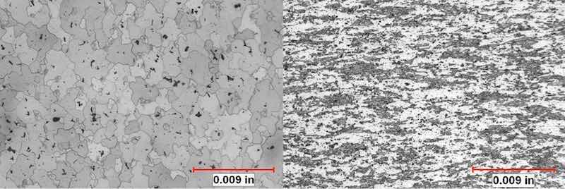 Figure 7: (left) etchant: Keller’s reagent. Microstructure of component with acceptable reflectivity and brightness exhibits equiaxed grains with randomly distributed precipitates. (right) etchant: Keller’s reagent. Microstructure of streaky component exhibits small, deformed dark-appearing areas of constituent phases with adjacent bright-appearing recrystallized grains. Dispersoids are distributed throughout the microstructure, which inhibited recrystallization.