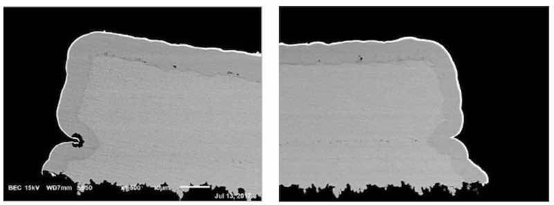Figure 7: Evaluation of nickel corrosion with increasing phosphorus-palladium thickness using reduction-assisted immersion gold.