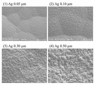 Figure 5. SEM images of ENEPIS deposit, Ni-P thickness; 6 Î¼m, Pd-P thickness; 0.02 mm, Ag thickness; 0.05 Î¼m, 0.10 Î¼m, 0.30 Î¼m and 0.5 Î¼m, magnification; 20,000