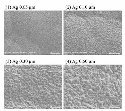 Figure 6. SEM images of ENEPES deposit, Ni-P thickness; 6 Î¼m, Pd thickness; 0.02 Î¼m, Ag thickness; 0.05 Î¼m, 0.10 Î¼m, 0.30 Î¼m and 0.5 Î¼m, magnification; 20,000