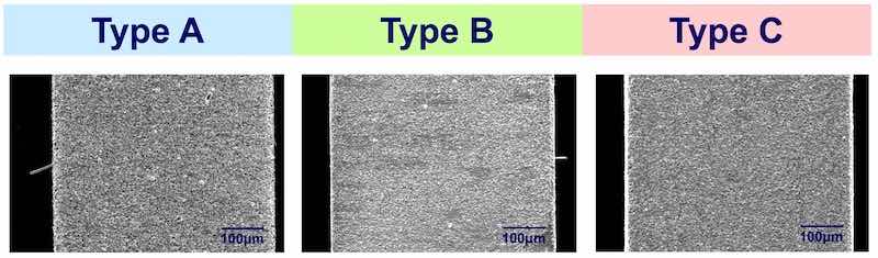 Figure 14 - Whisker growth characteristics exhibited by the three types of electrodeposited tin under study: Type A, long whiskers; type B, shorter whiskers and type C, no whisker growth.