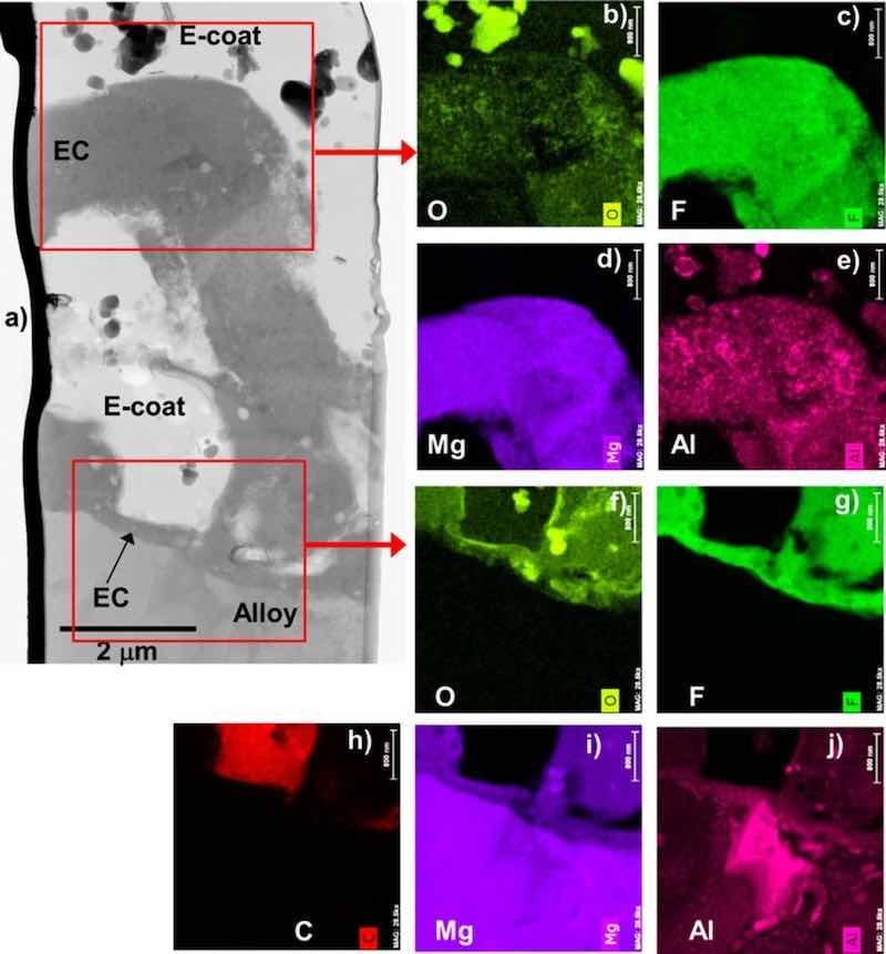 Figure 10. STEM BF cross-section image (a) and corresponding elemental maps (b-j) for EC + E-coated AZ91D. Aluminum from the AZ91D substrate was present throughout the EC structure. Deposition of E-coat did not impact the Mg-F-O rich EC chemistry.