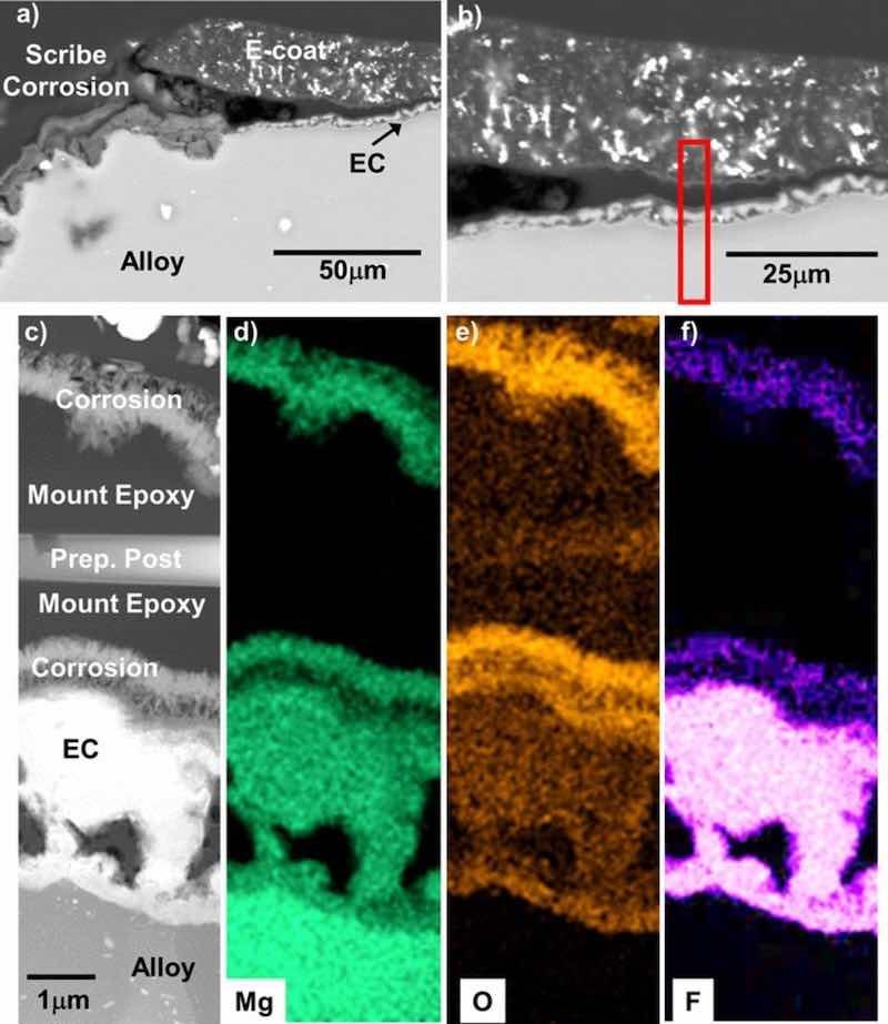 Figure 16. BSE mode cross-section SEM images (a-b) of the scribed regions of the EC + E-coated AZ31B after 15 days total exposure in 0.1M NaCl (aq) (8 days with a scribed surface) from Fig. 15. STEM analysis and corresponding elemental maps of the red box region in (b) are shown in (c-f). Lateral separation and corrosion occurred within the EC layer.