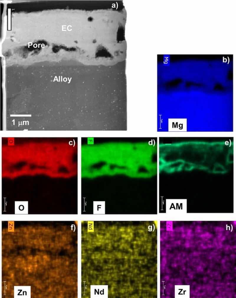 Figure 6. STEM Z-contrast cross-section image (a) and corresponding elemental maps (b-h) for as-EC coated ZE10A showing the coating is Mg-F-O rich, consistent with XRD and XPS data (AM = alkali metal). Fine, bright contrast second phase particles are evident throughout the alloy.