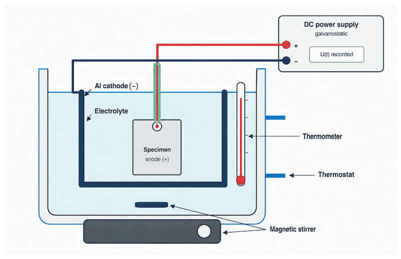 Figure 1. Schematic representation of the anodizing setup and the electrically insulated specimen-contact arrangement.