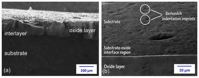 Figure 4. Representative cross-sectional SEM characterization of the anodized A356 sample: (a) oxide layer and substrate–oxide interface showing the main cross-sectional regions used for interpretation; (b) representative nanoindentation measurement geometry across the substrate–oxide system. The combined figure illustrates the spatial relationship between the oxide layer, the substrate–oxide interface, and the indentation positions used for the cross-sectional hardness evaluation.