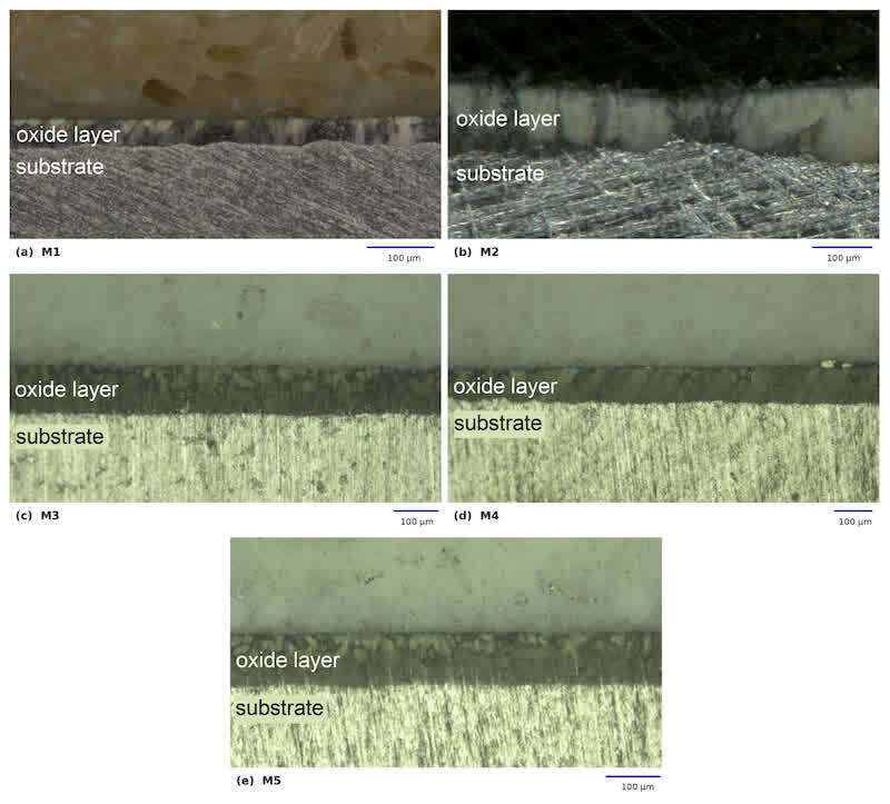 Figure 5. Representative cross-sectional digital optical micrographs of samples (a) M1, (b) M2, (c) M3, (d) M4, and (e) M5 used for the oxide-layer thickness evaluation. All scale bars represent 100 µm.