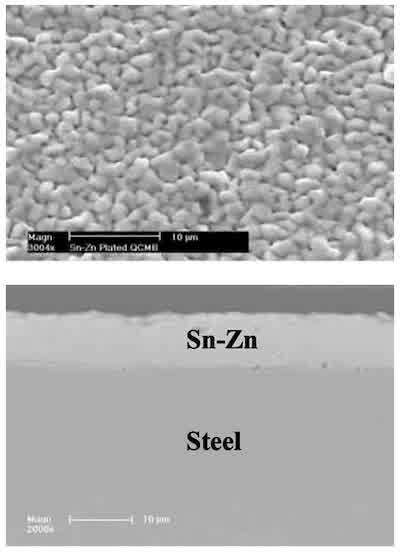 Figure1: SEM image of as-plated tin-zinc alloy electrodeposit surface. Figure 2: SEM image of the cross section of the as-plated tin-zinc alloy electrodeposit.