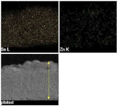 Figure11: EDS map of tin-zinc alloy electrodeposit with a thickness (indicated by the arrow) of 13 µm.