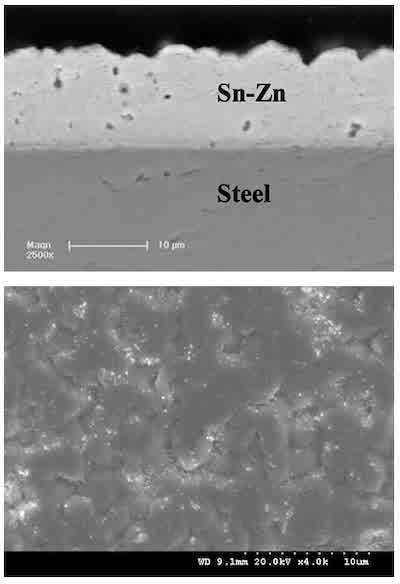Figure 9: Cross section SEM image of the tin-zinc alloy electrodeposit after a potentiodynamic scan from OCP to -650 mV SCE  Figure 10: SEM image of the surface of the remaining tin-zinc alloy electrodeposit after a potentiodynamic scan from OCP to -650 mV SCE and removal of much of the tin-zinc layer by mechanical polishing.
