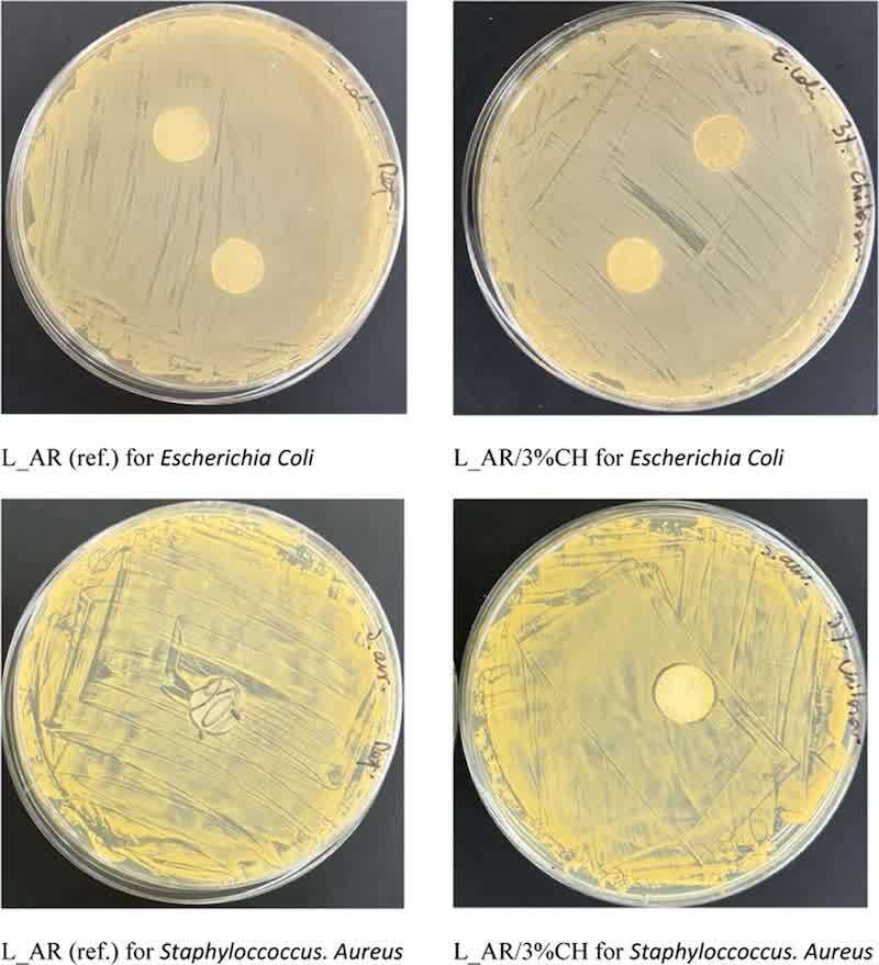 Figure 10. Results of disk diffusion tests for reference powder coatings and coatings with added 3 wt % chitosan.