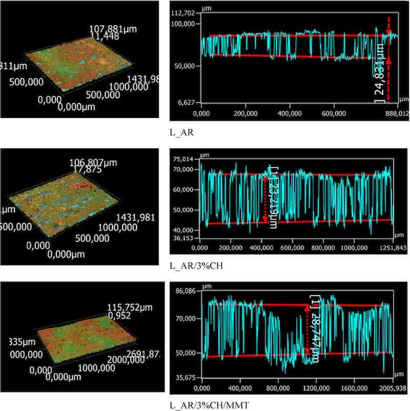 Figure 5. 3D laser scanning microscopy images and the roughness profile of powder coatings L_AR, L_AR/3%CH, and L_AR/3%CH/MMT.