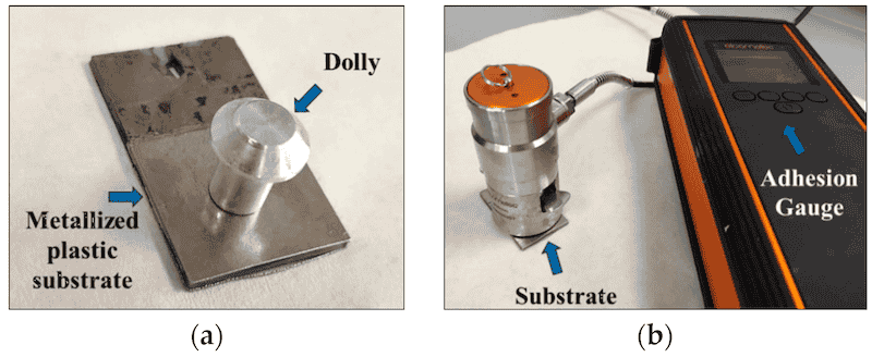 Figure 10. (a) Ni-Watts electroplated plastic substrate with glued dolly; (b) Mounting of the pull-off adhesion gauge to measure adhesion.