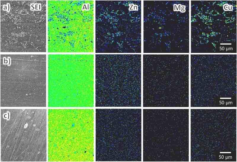 Fig. 1. AES surface elemental maps for each substrate: (a) AA7075â€“O, (b) AA7075â€“T4, and (c) AA7075â€“T6. The magnification is identical in all images.